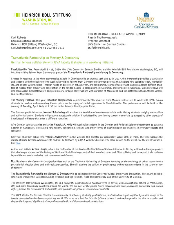 Transatlantic Research and Teaching Collaboration on Memory, Democracy, and Transformation