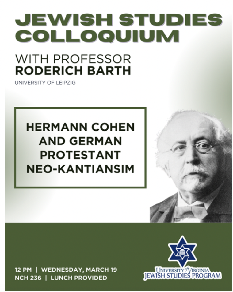 Flyer for a speaker event featuring Professor Barth, discussing Hermann Cohen and German Protestant Neo-Kantianism