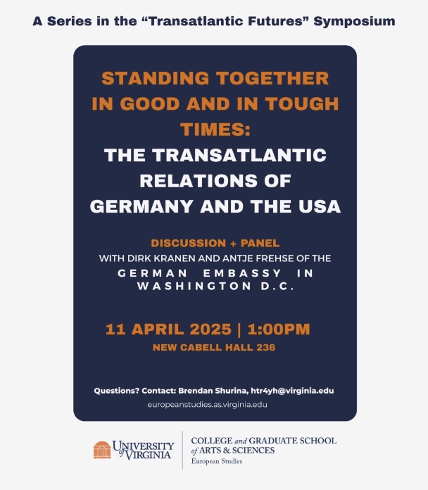 Flyer for an event about the Transatlantic Relations of Germany and the US on April 11th at 1 PM with Dirk Kranen and Antje Frehse
