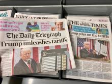 An image of several newspapers from The Daily Telegraph, The Times, and the Daily Express with headlines relating to President Donald Trump's tariffs